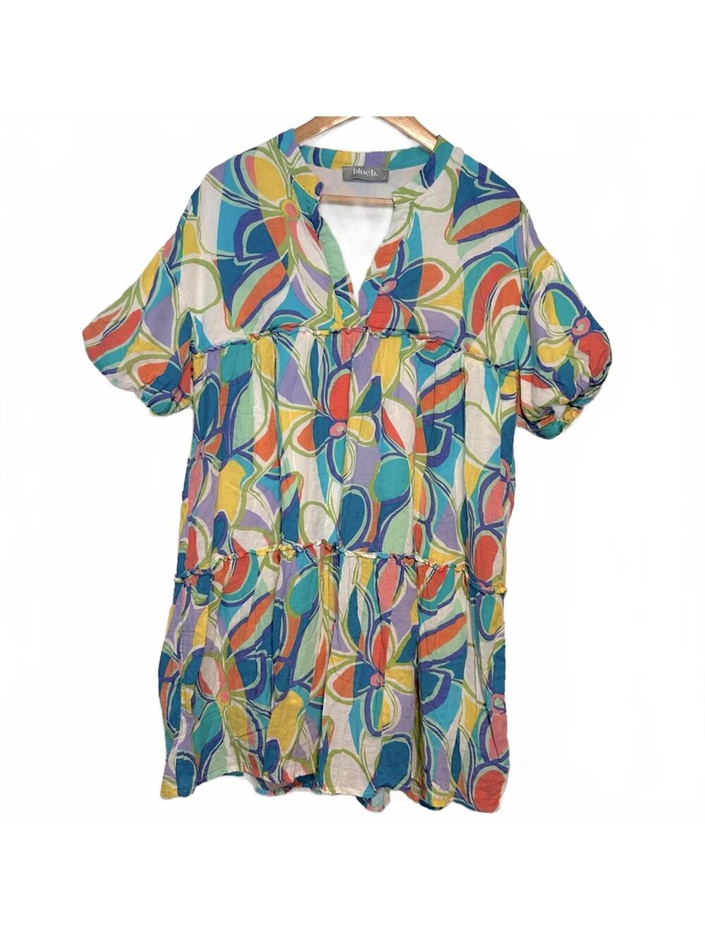 Blue B. Multicolored Tiered Dress with Short Puff Sleeves | Size Large
